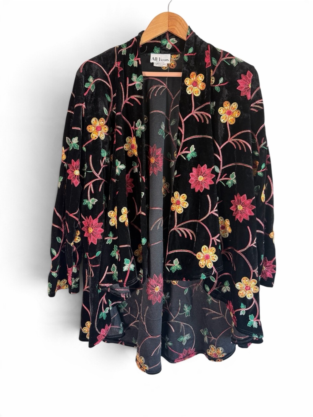 Vintage All Hours Black Velvet Embroidered Floral Open Front Jacket Made in USA